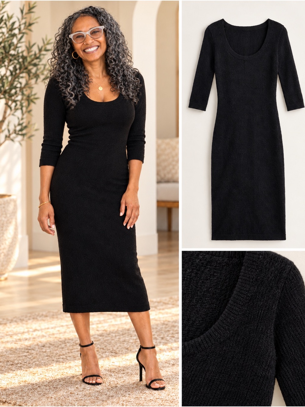 H&M Black Long-Sleeve Scoop Neck Knit Midi Dress